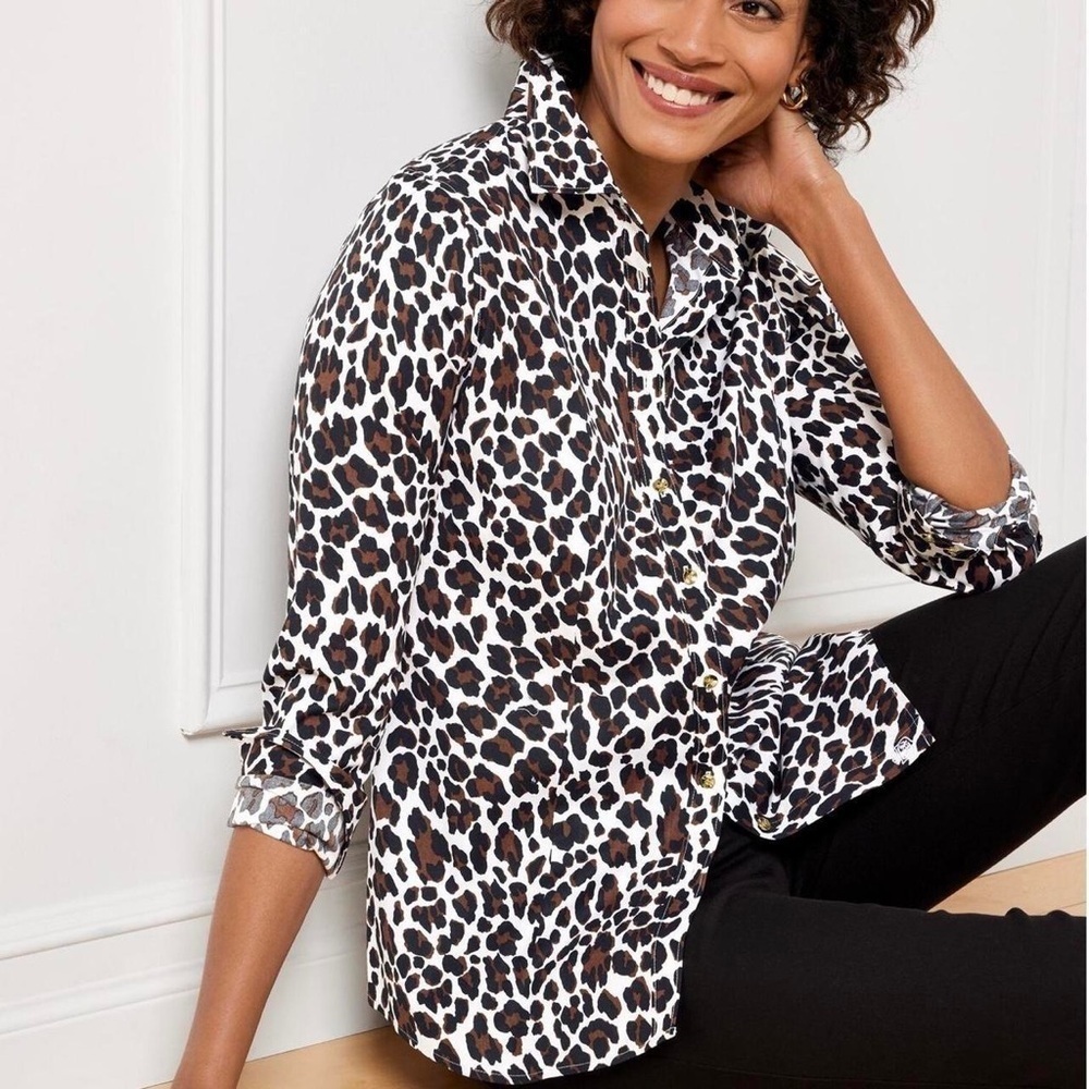 Talbots Perfect Shirt Leopard Button Front Long Sleeve Non Iron Blouse Top Sz 2